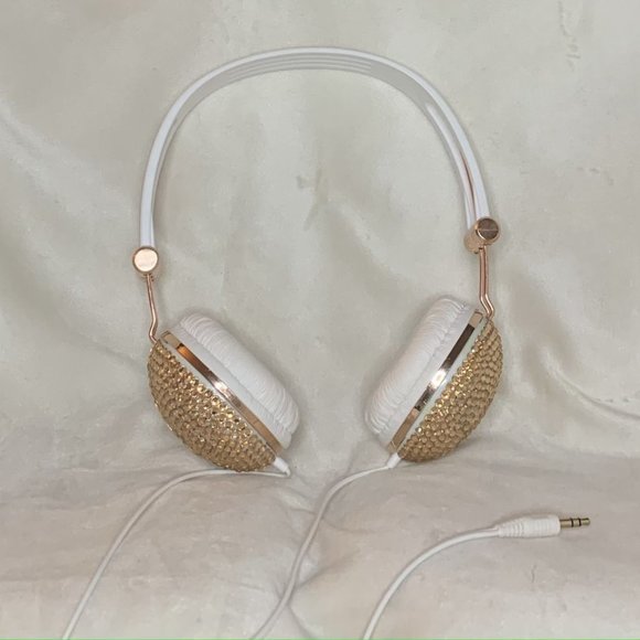 Jeweled white headphone with gold gems head set adjustable - Picture 1 of 1